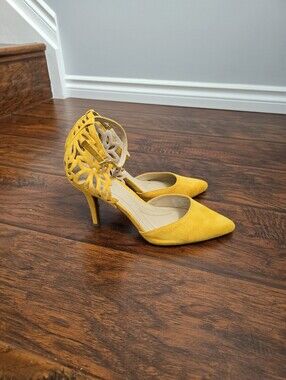 Yellow Levity Heels With Laser Cut Flower Design
